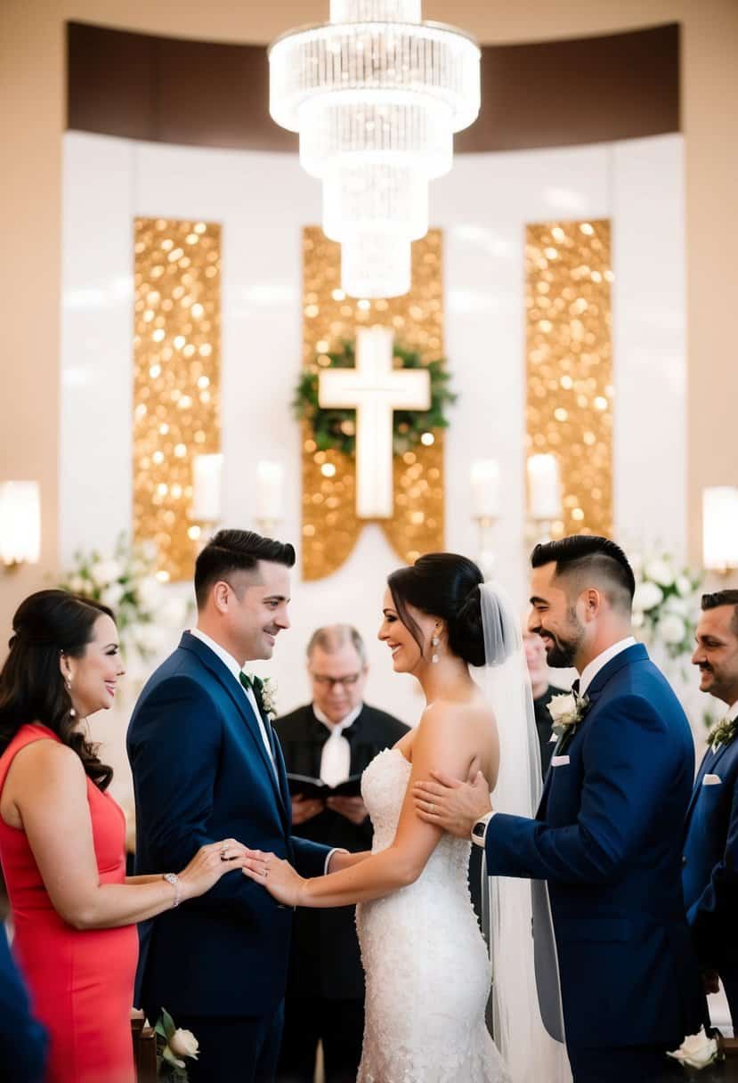 A couple exchanging vows at a Vegas wedding chapel, with an officiant and witnesses present