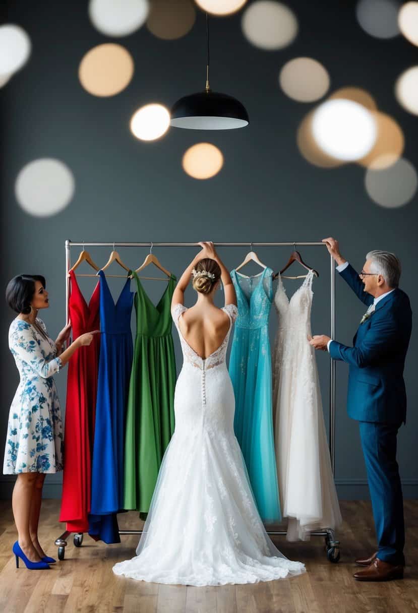 A bride standing with 7 different colored dresses hanging on a rack, surrounded by conflicting opinions from family and friends