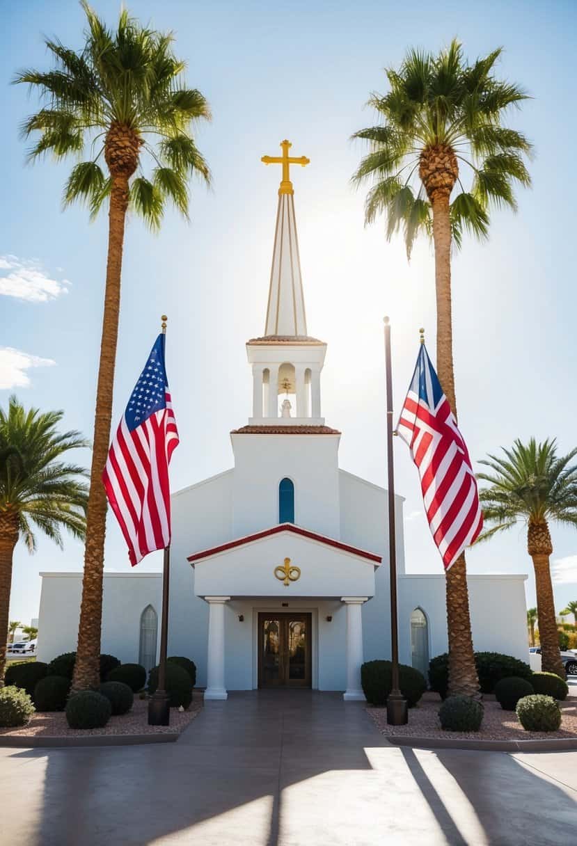 A wedding chapel in Las Vegas, with a British and American flag displayed, surrounded by palm trees and a bright, sunny sky