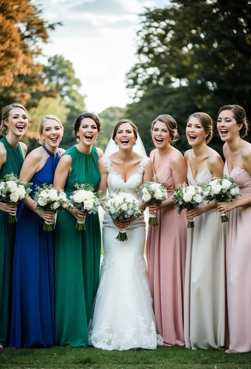 Seven bridesmaids in different dresses stand in a line, holding bouquets and smiling. They surround a bride, all looking happy and excited