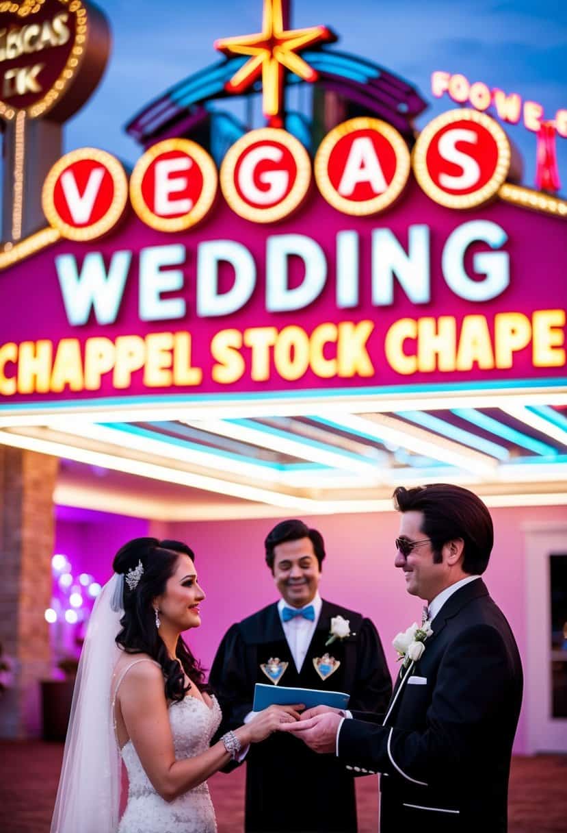 A classic Vegas wedding chapel with neon lights and Elvis impersonator officiating