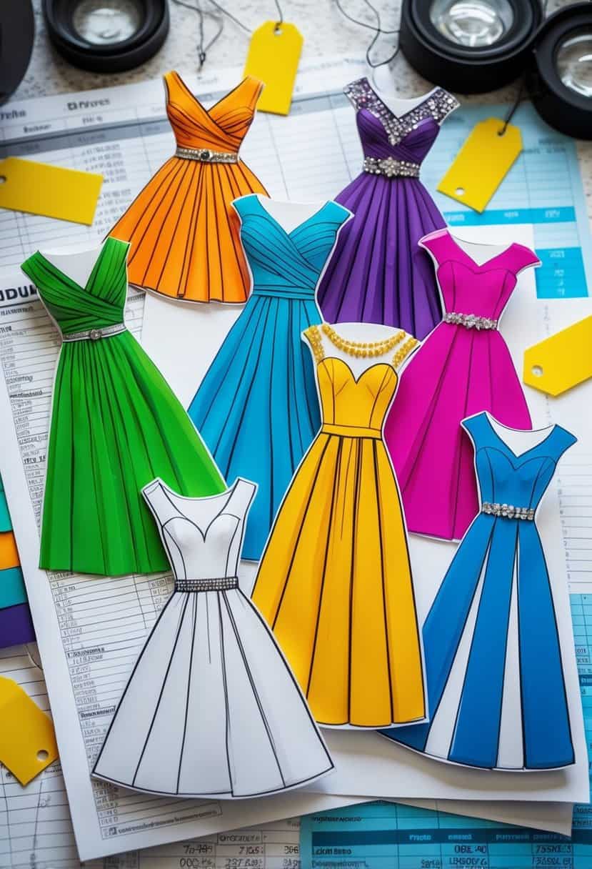 Seven colorful dress sketches arranged in a row, each with different styles and details, surrounded by budgeting spreadsheets and price tags