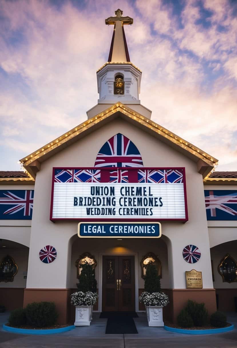 A British-themed wedding chapel in Vegas, with Union Jack decor and a sign advertising legal ceremonies