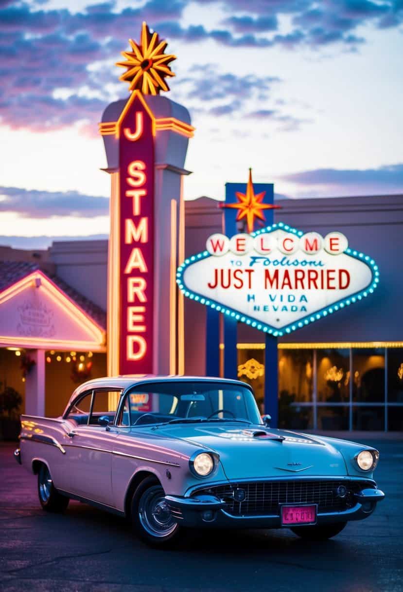 A classic Vegas wedding chapel with neon lights and a "Just Married" car outside