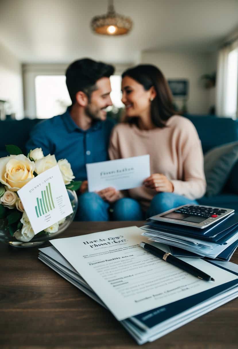 A couple's home with shared belongings, a wedding invitation, and a stack of bills