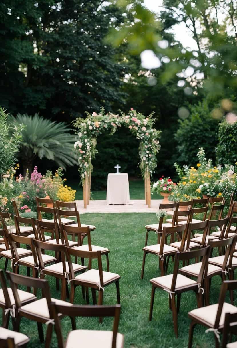 A cozy outdoor garden with 40 chairs arranged in a semi-circle around a simple altar, surrounded by lush greenery and colorful flowers