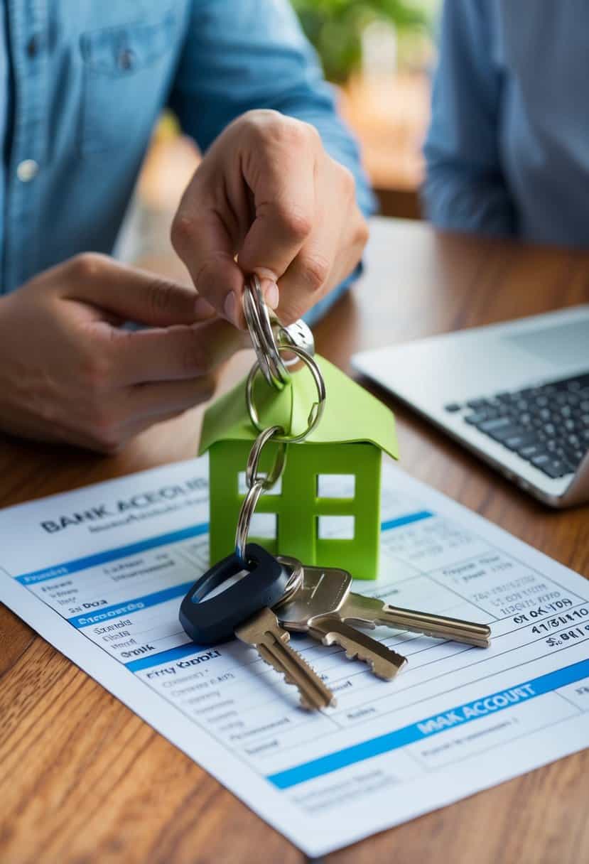 A couple's belongings and finances merging into one, symbolized by two sets of keys and a shared bank account statement on a table