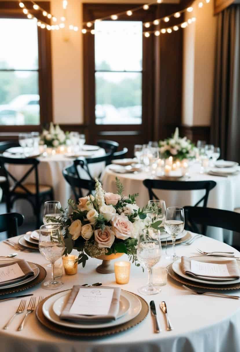 A cozy, intimate setting with a beautifully decorated small wedding venue, complete with elegant table settings, floral arrangements, and soft lighting