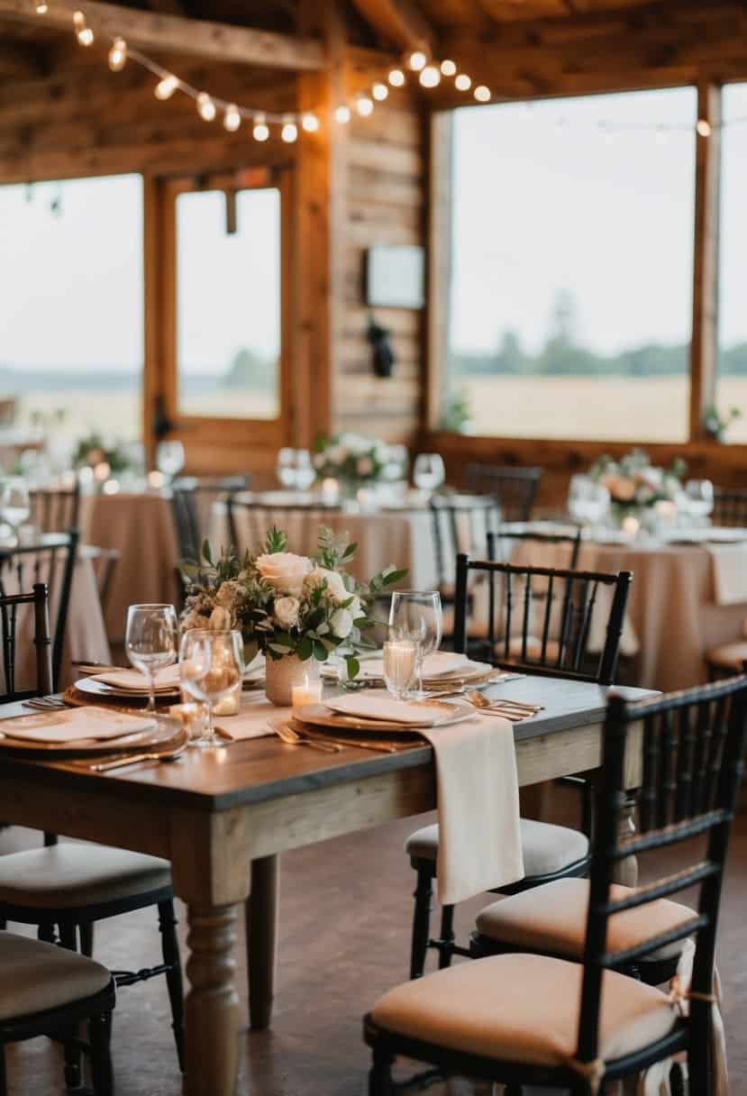 A small, intimate wedding set in a cozy, rustic venue with simple decor and budget-friendly details