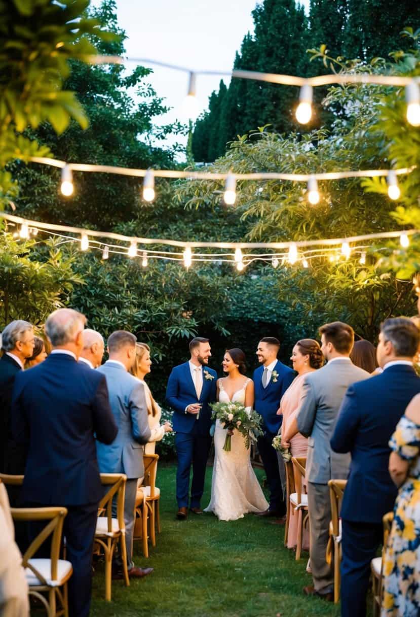 A cozy outdoor wedding in a lush garden with string lights and a small, intimate gathering of guests