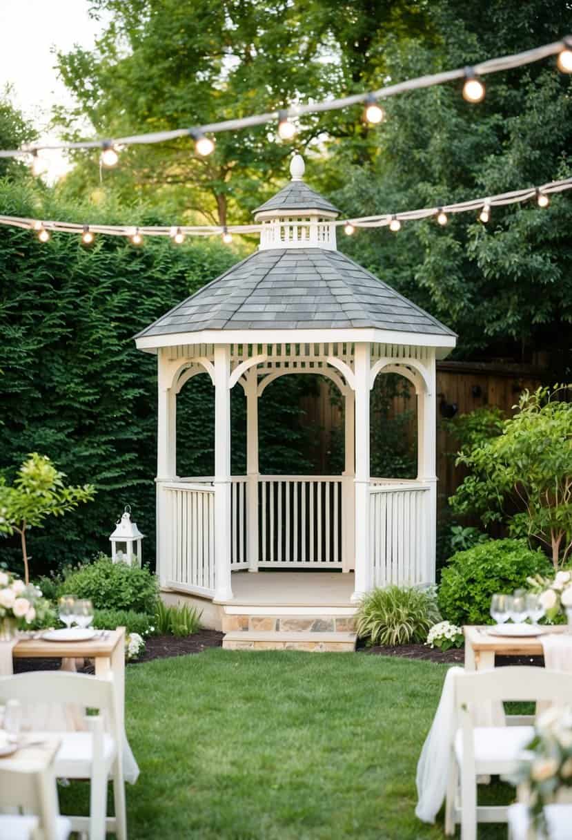 A small, intimate wedding ceremony in a cozy backyard garden, with a charming gazebo as the focal point. Tables are set with elegant place settings and twinkling string lights hang overhead