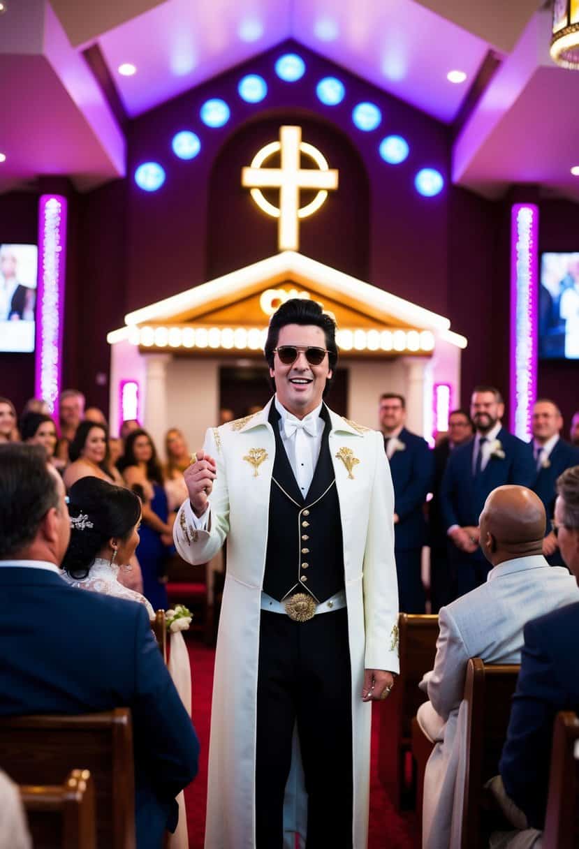 An Elvis impersonator officiates a wedding in a Las Vegas chapel, surrounded by neon lights and a crowd of onlookers