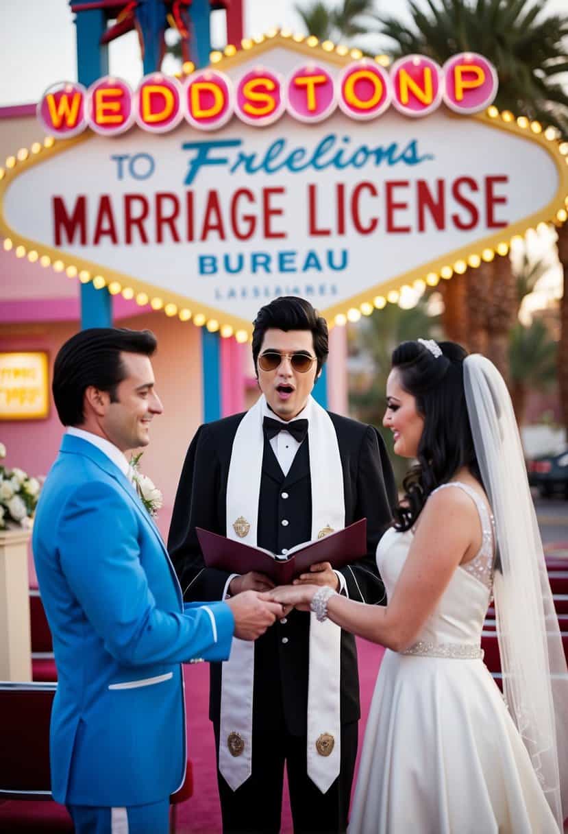 A retro wedding chapel in Las Vegas with an Elvis impersonator officiating the ceremony. A sign reads "Marriage License Bureau" in the background