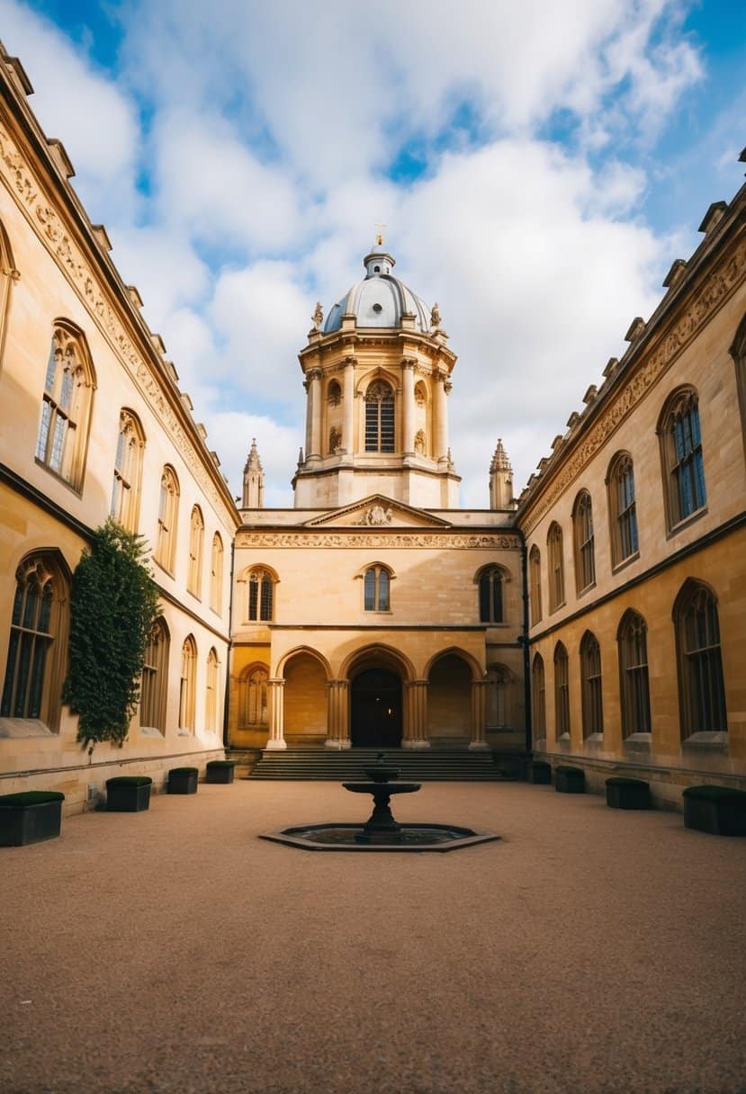 A historic Oxford college with an ornate chapel and a picturesque courtyard