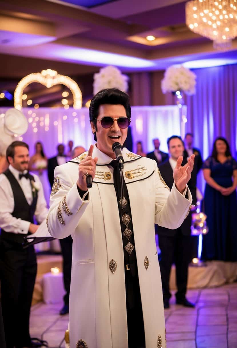 Elvis impersonator officiates Vegas wedding with themed decor and live music