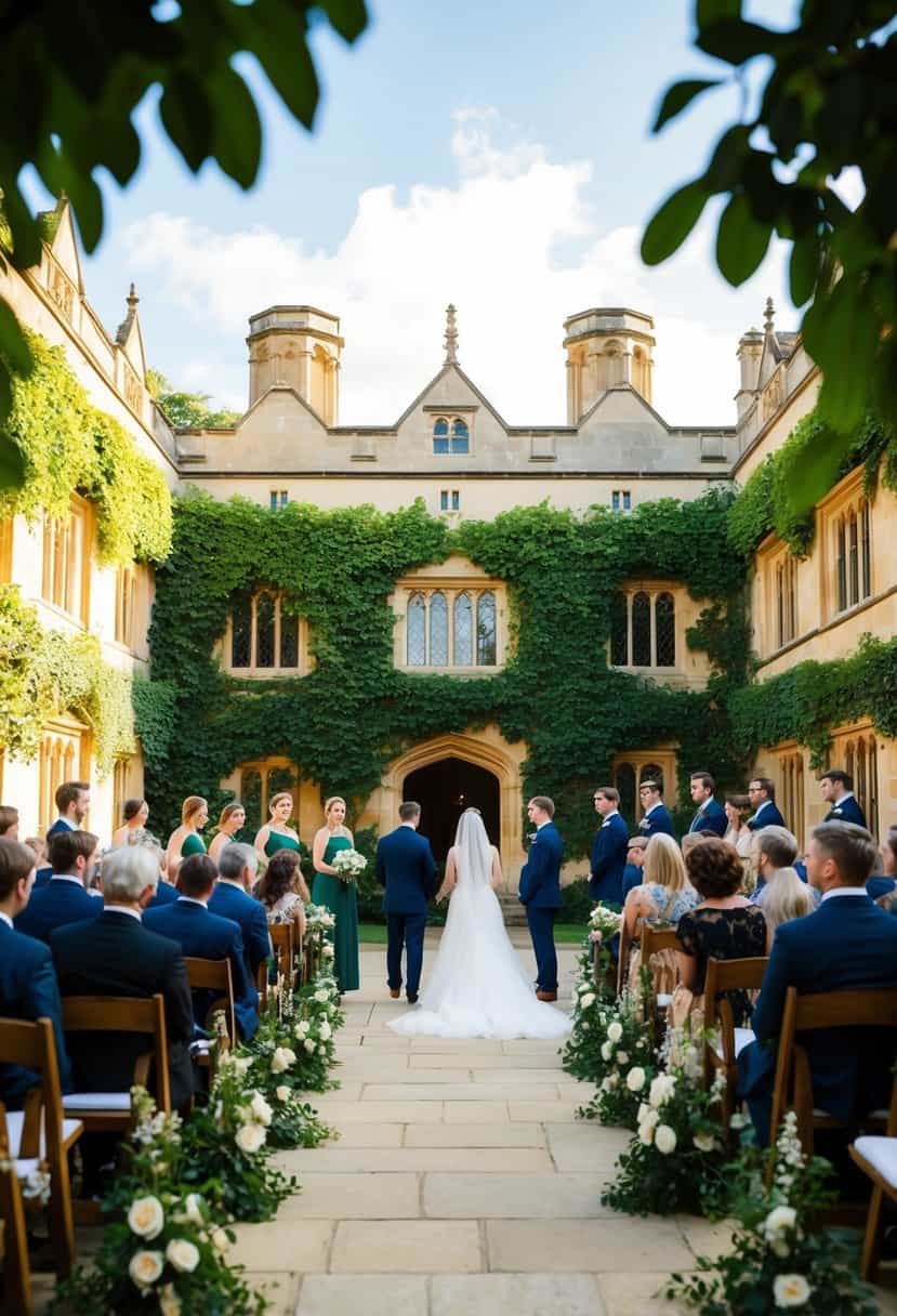 A picturesque Oxford college courtyard, adorned with historic architecture and lush greenery, serves as the idyllic setting for a wedding ceremony