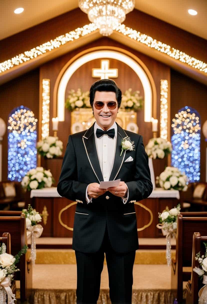 An Elvis impersonator officiates a wedding in a Vegas chapel, surrounded by glittering lights and vintage decor