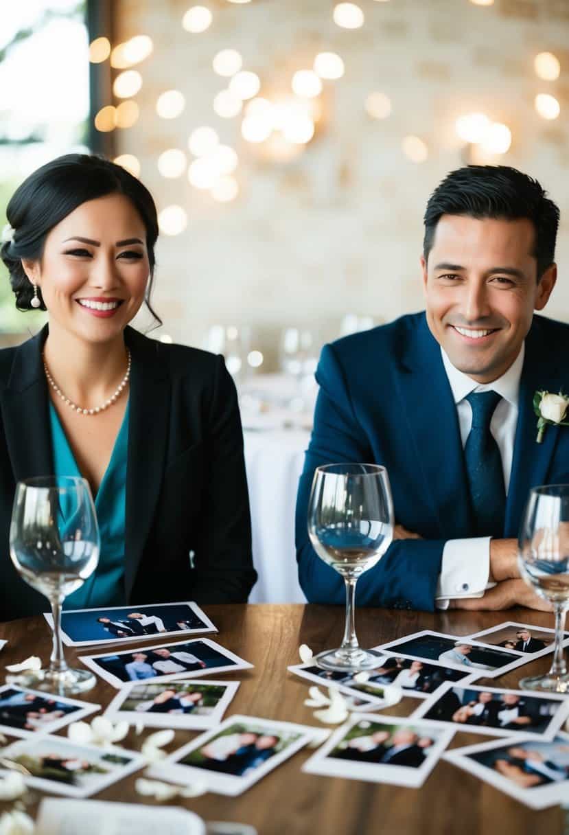 A couple sitting at a table, one with a smile and the other with a frown. The table is cluttered with wedding photos and empty wine glasses