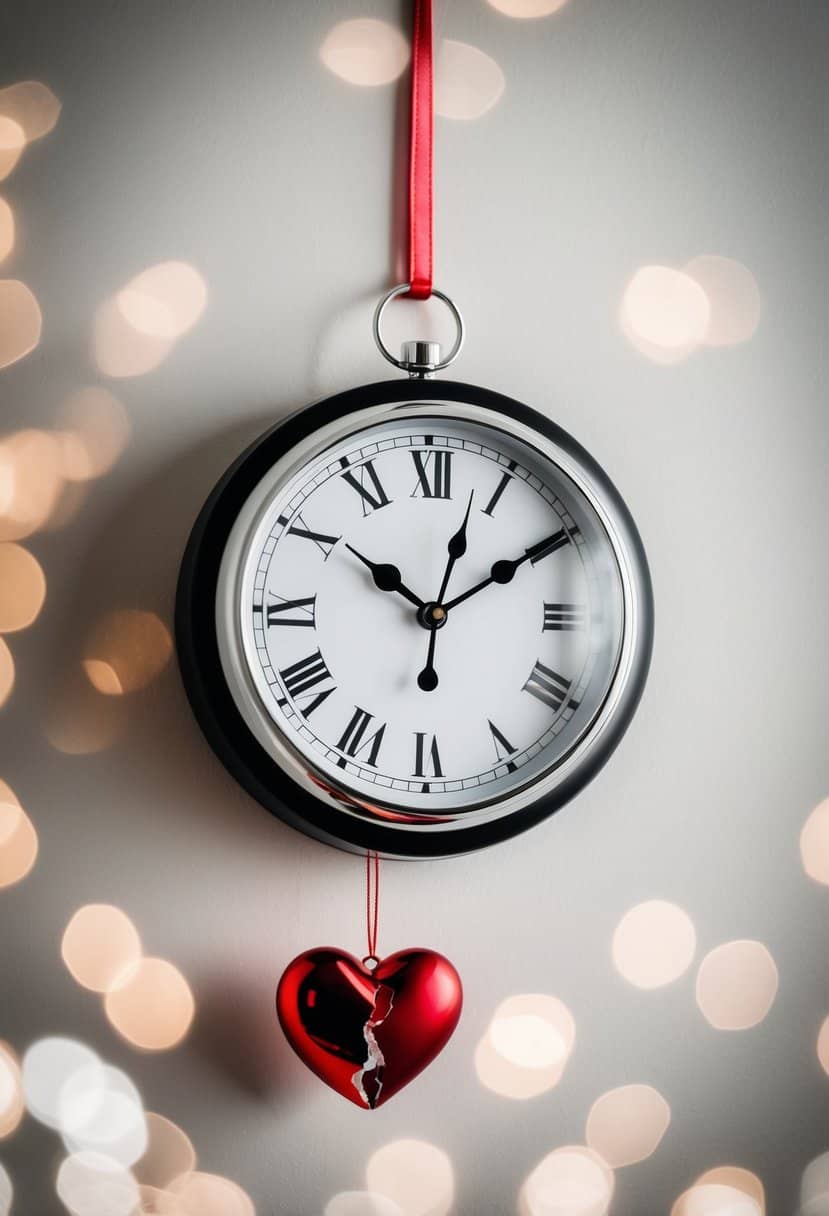 A clock striking midnight with a broken heart-shaped ornament hanging on the wall