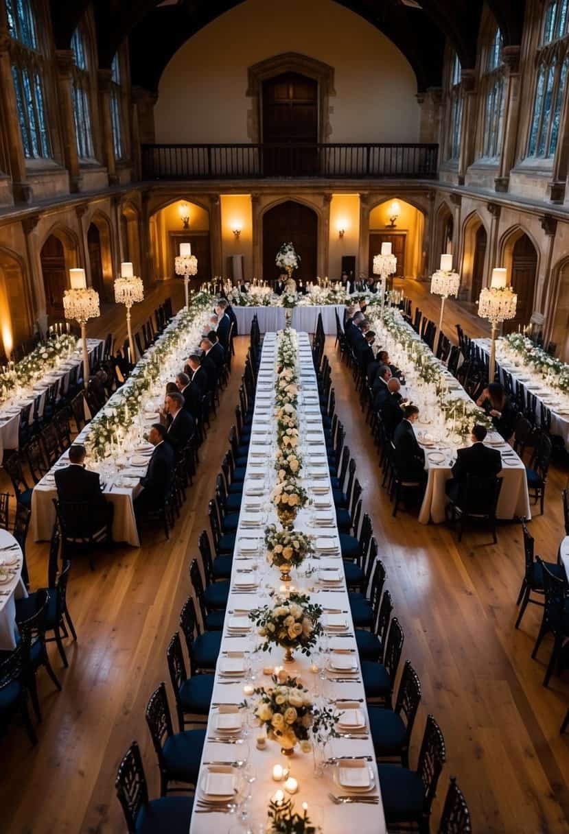 A grand dining hall set for a wedding reception at an Oxford college. Tables adorned with elegant centerpieces and a lavish catering spread