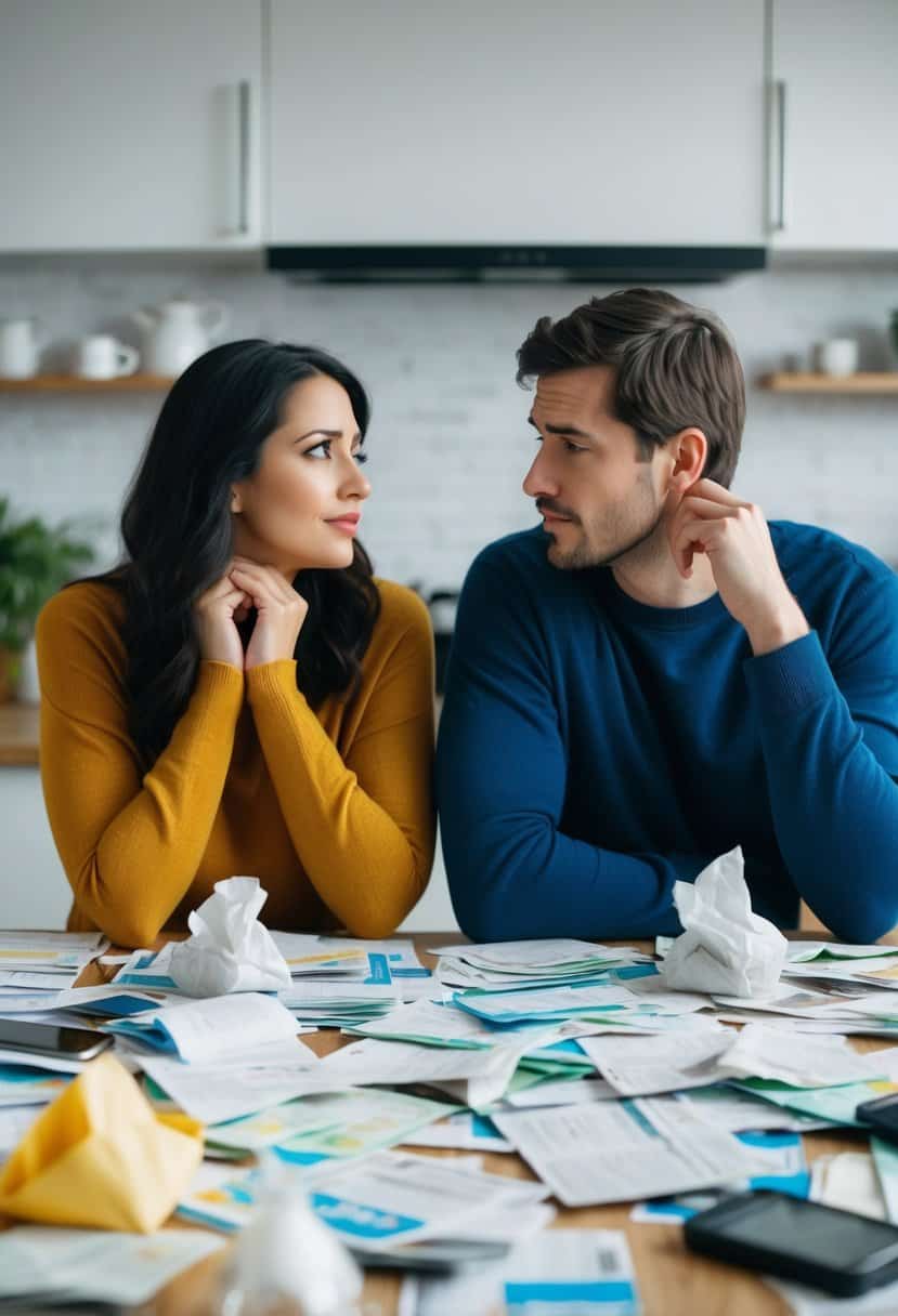 A couple sitting at a cluttered kitchen table, surrounded by bills and crumpled tissues, looking at each other with tired and worried expressions