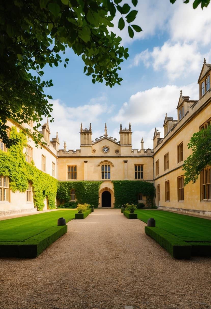 A picturesque courtyard at an Oxford college, with a grand old building in the background and lush greenery all around