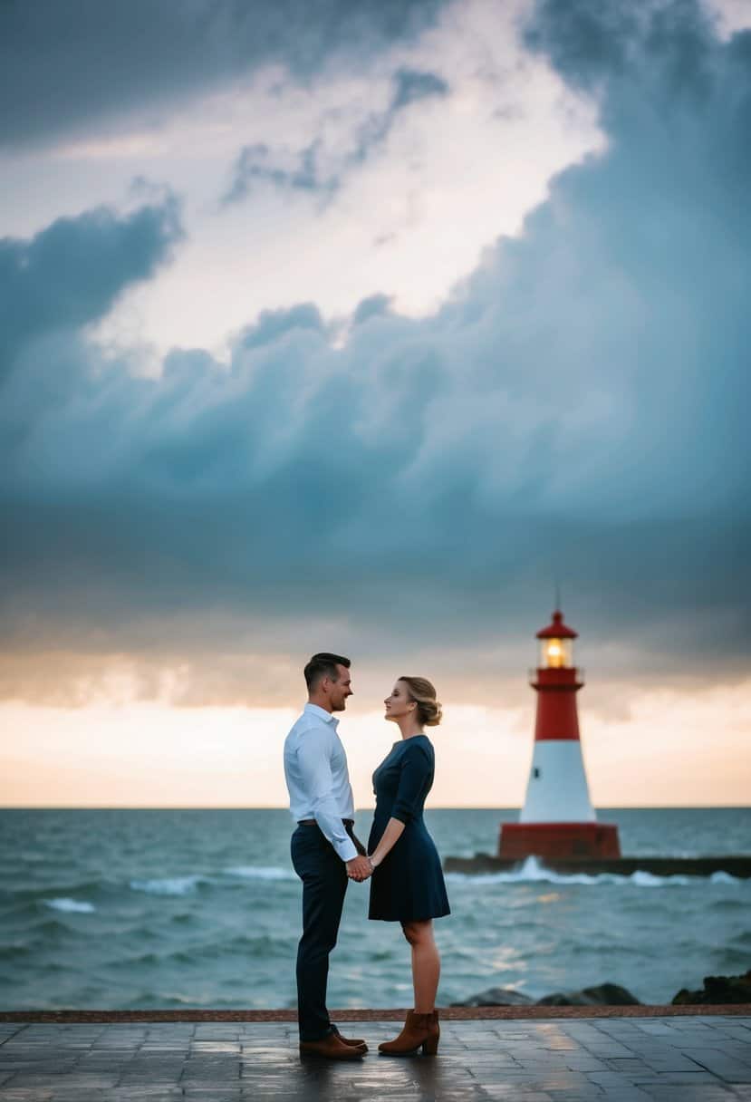 A couple standing together, facing a stormy sea with a lighthouse in the background, symbolizing the challenges and strength needed in the hardest year of marriage