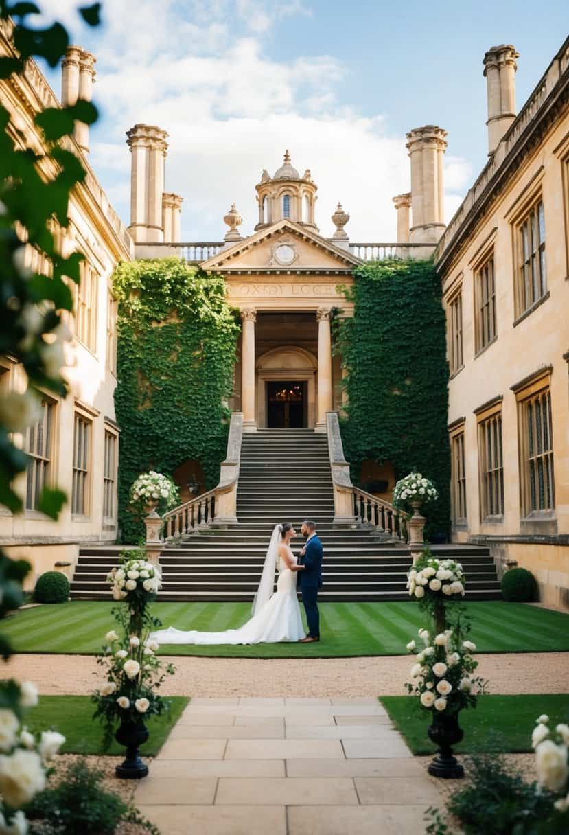 An elegant Oxford college courtyard with a grand staircase and lush greenery, adorned with flowers and traditional architecture, sets the stage for a wedding celebration