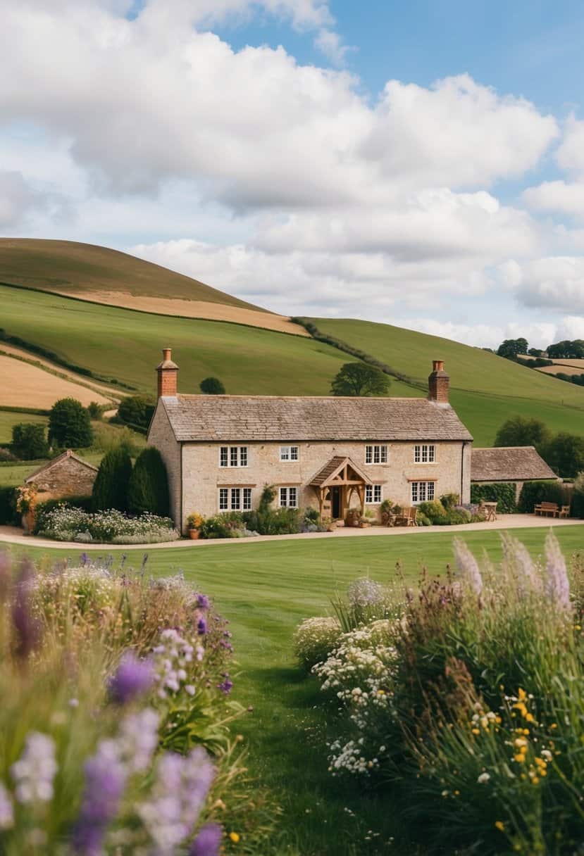 A cozy, rustic wedding venue in the English countryside, surrounded by rolling hills and blooming wildflowers