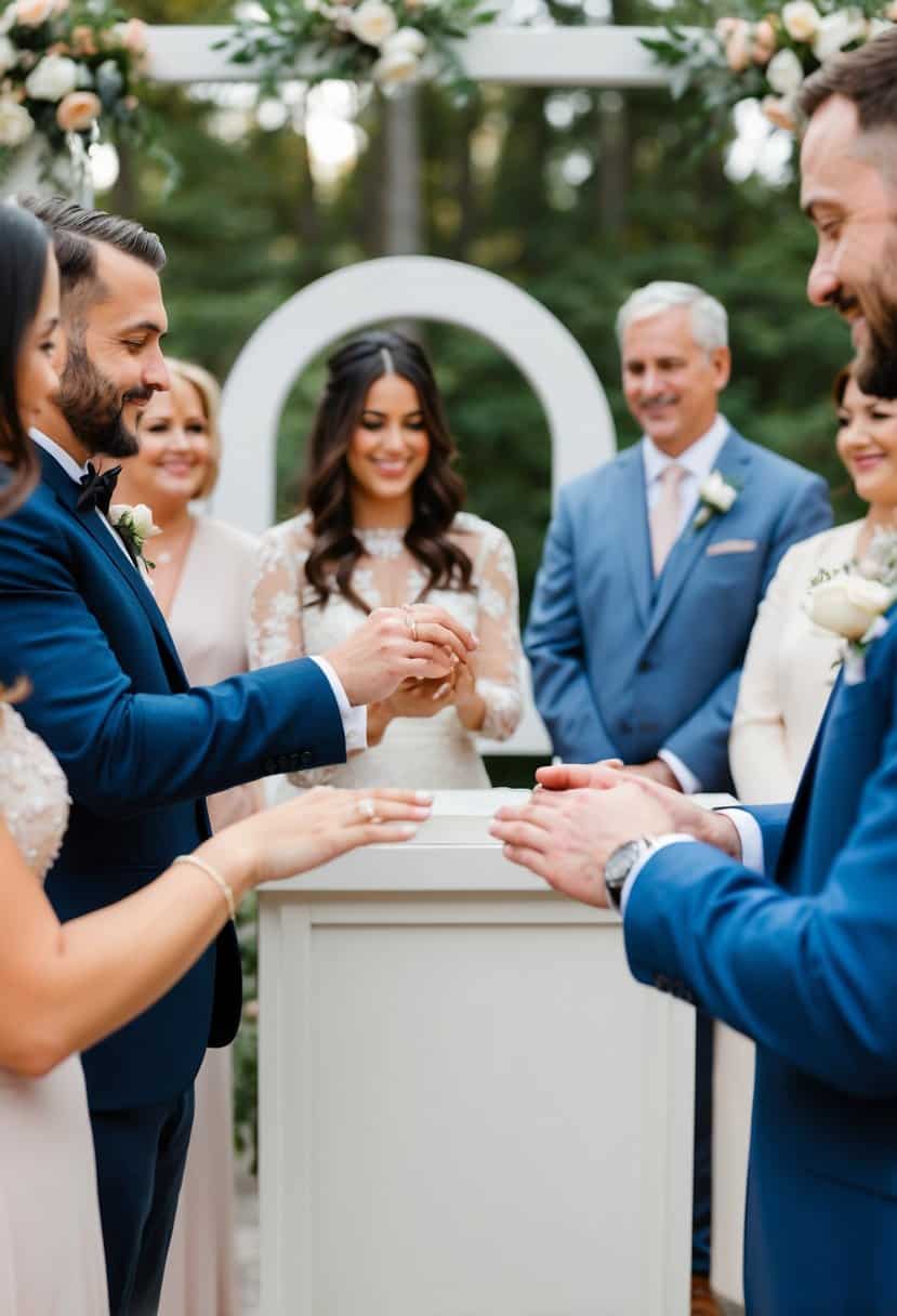 A couple exchanging rings in front of a simple altar with a few close friends and family members present