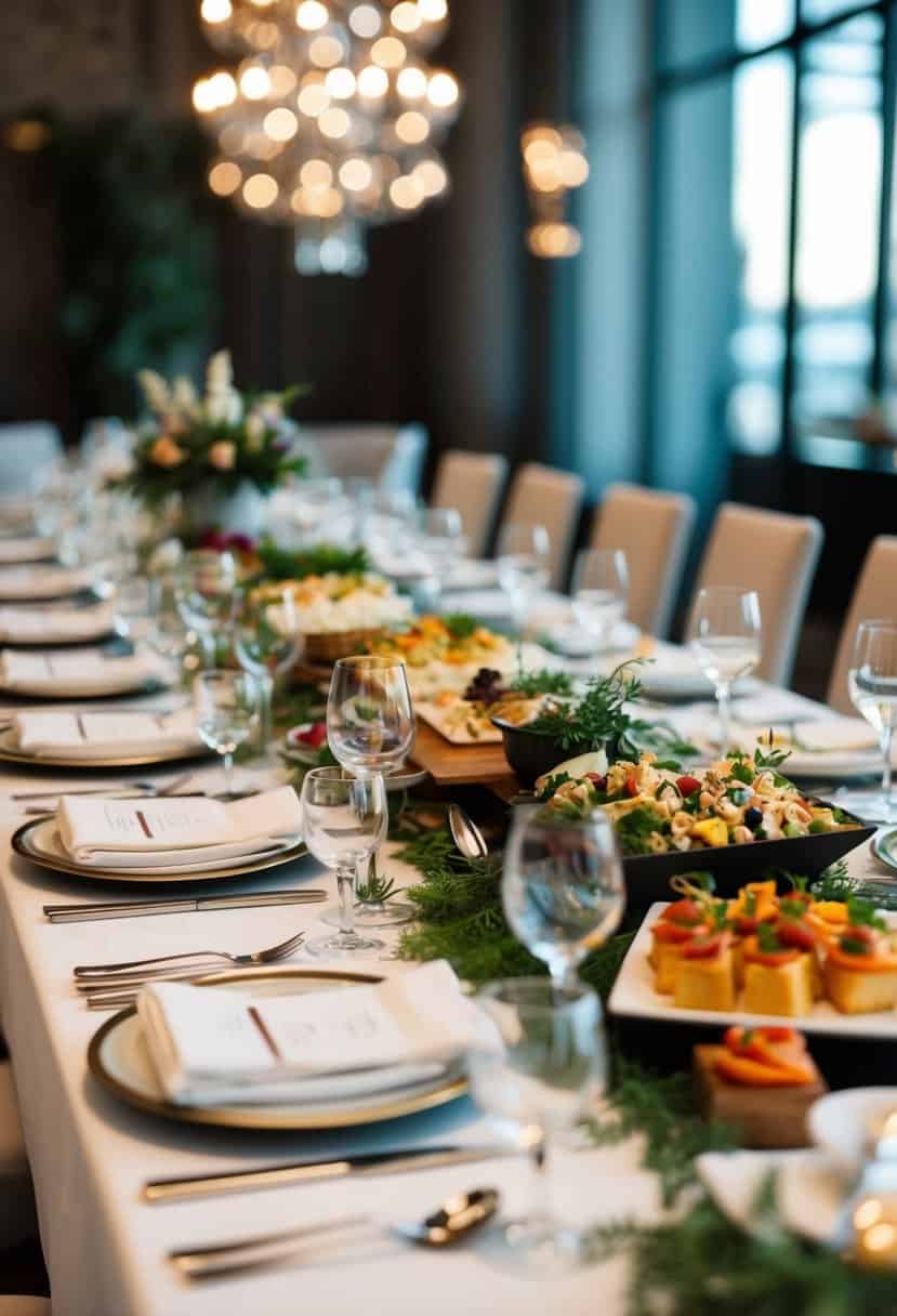 A beautifully set dining table with elegant place settings and a spread of gourmet catering options