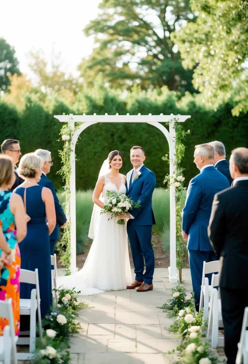 A couple standing in front of a small, intimate wedding ceremony set up in a beautiful outdoor garden, with a simple arch and a few close family and friends in attendance