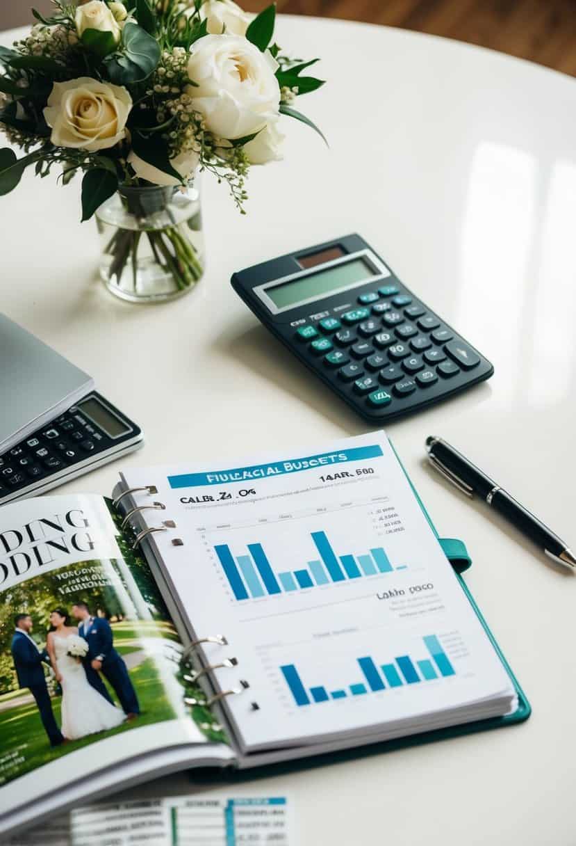 A table with wedding magazines, a calculator, and a notebook filled with financial calculations and budget plans