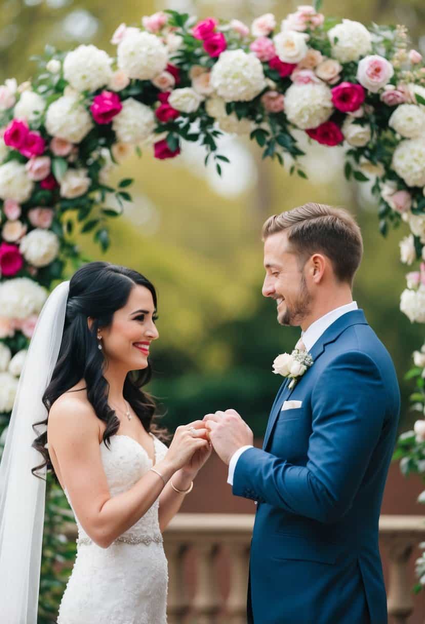 A couple exchanging rings under a blooming wedding arch