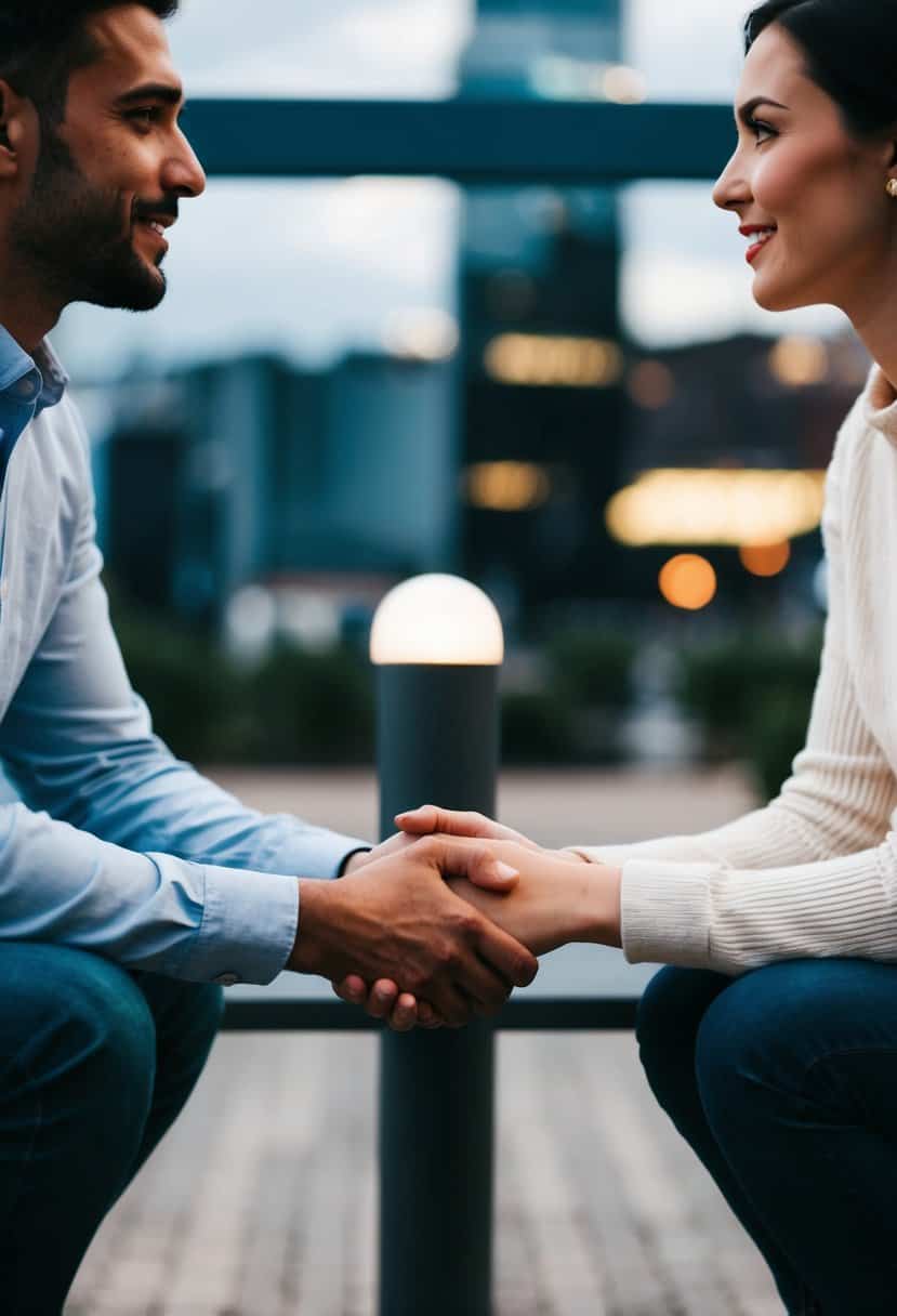 A couple sitting across from each other, holding hands, and engaging in deep conversation