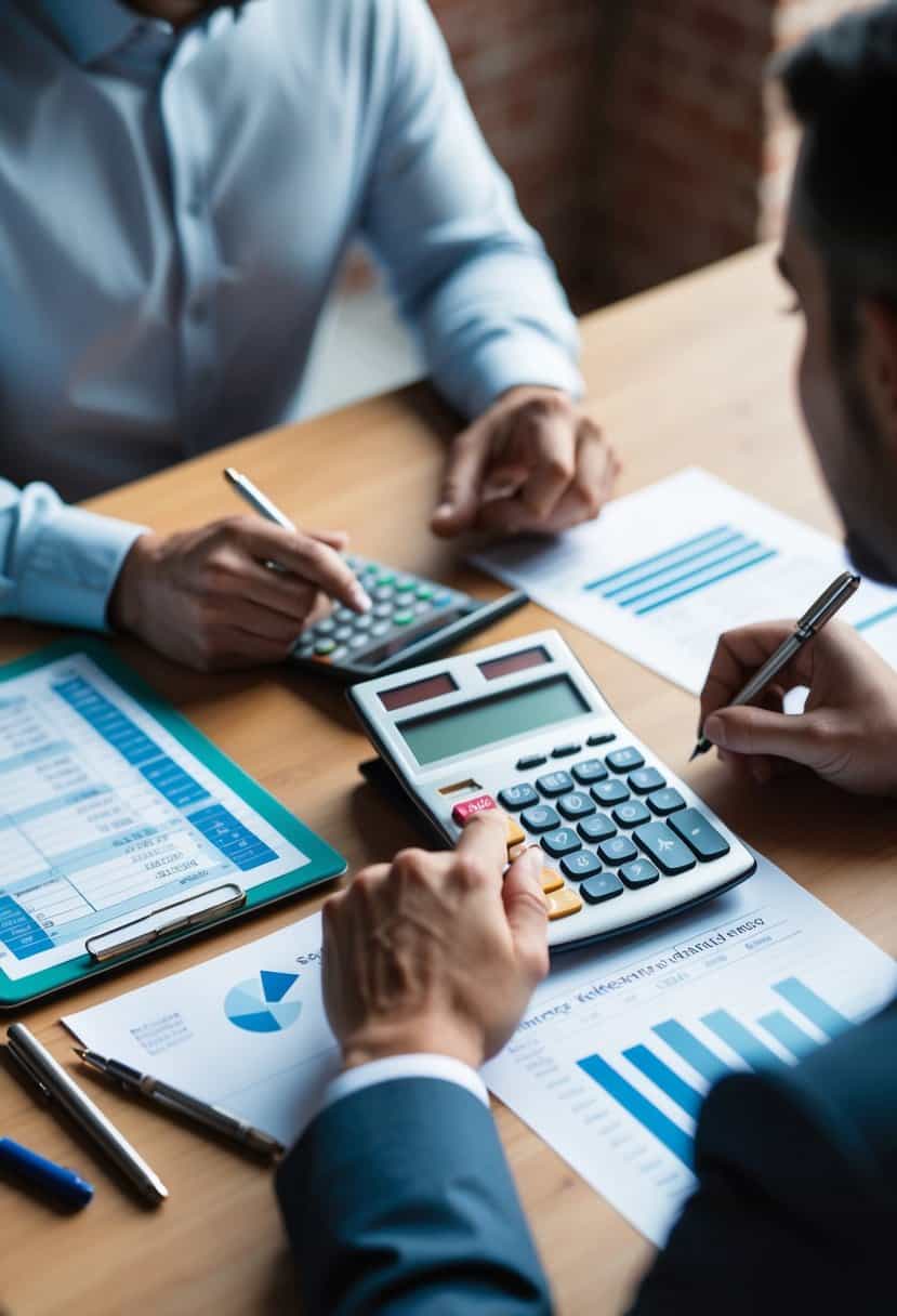 A couple sits at a table with a calculator, budgeting for a wedding. They have papers, pens, and a laptop open with financial spreadsheets