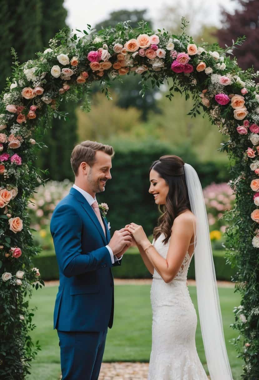 A couple exchanging rings under a floral archway in a garden