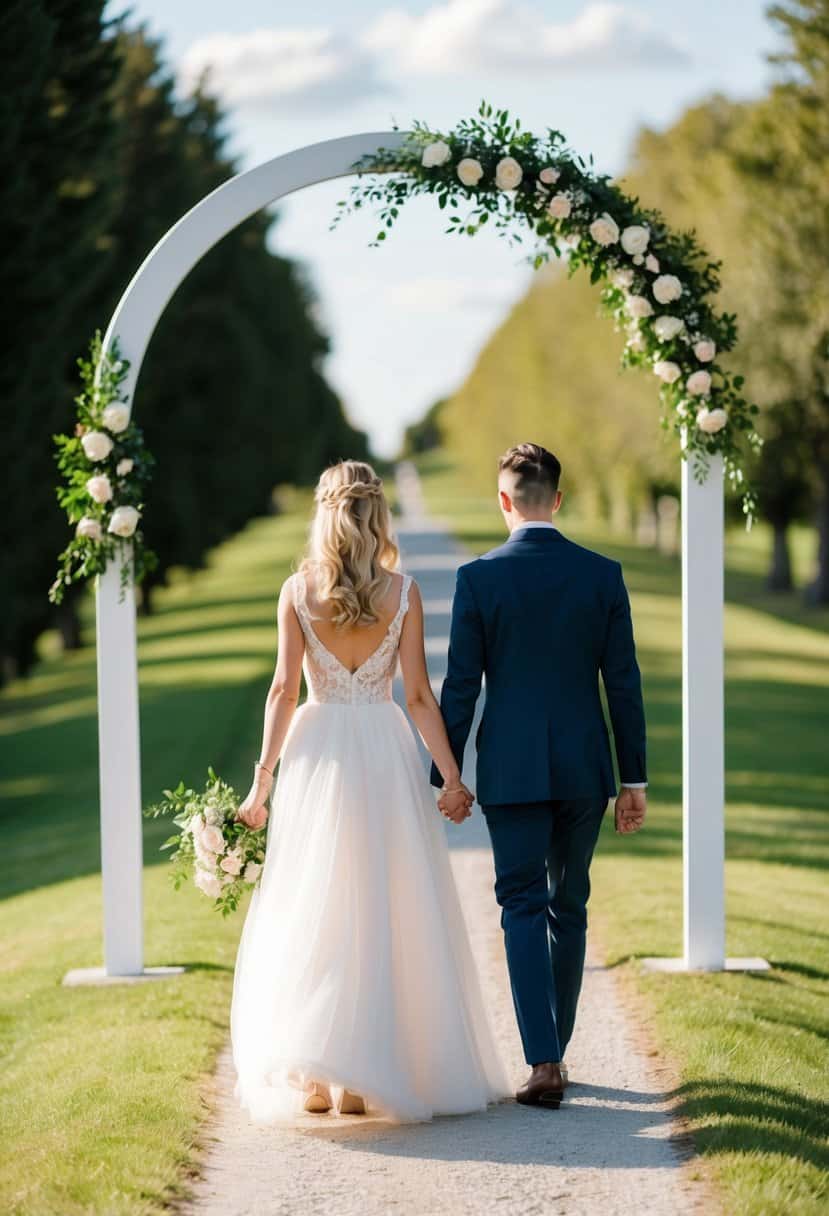 A couple holding hands while walking on a path towards a wedding arch