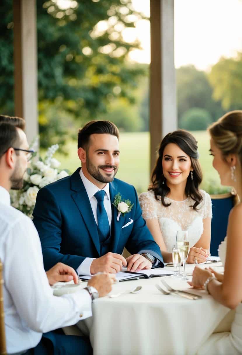 A couple sits at a table with a wedding planner, discussing details and looking at various options for the ceremony