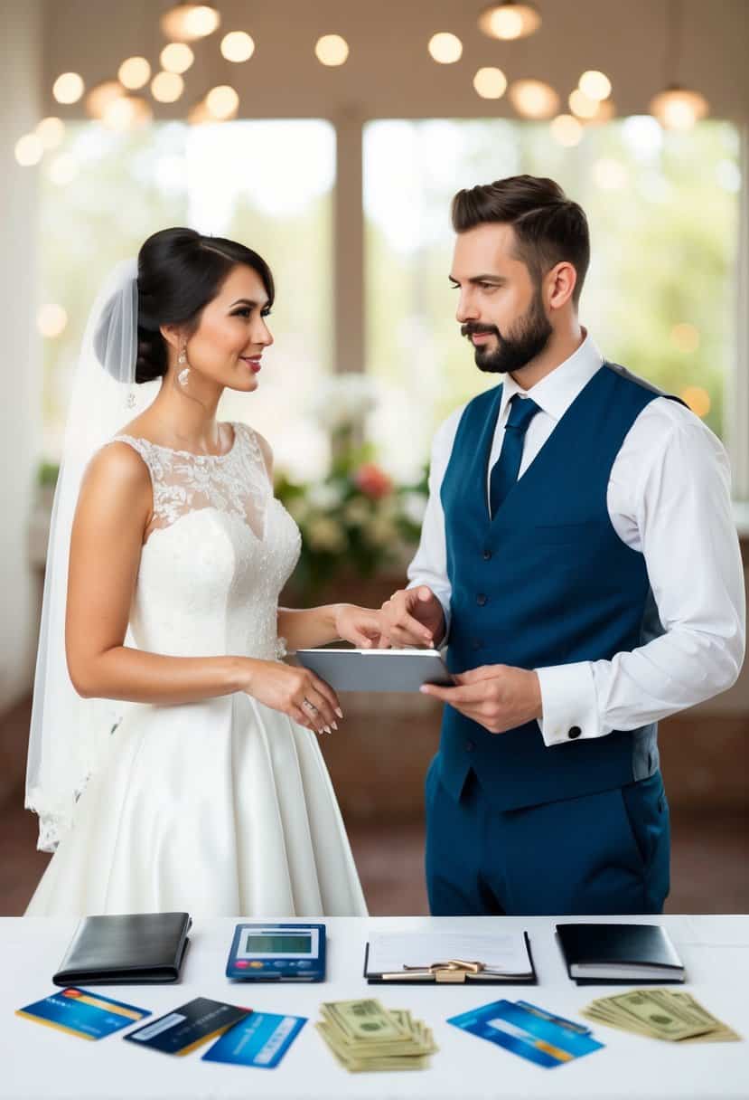 A bride and groom stand in front of a table with various payment options, including credit cards, cash, and a checkbook. They are discussing which method to use for their wedding expenses