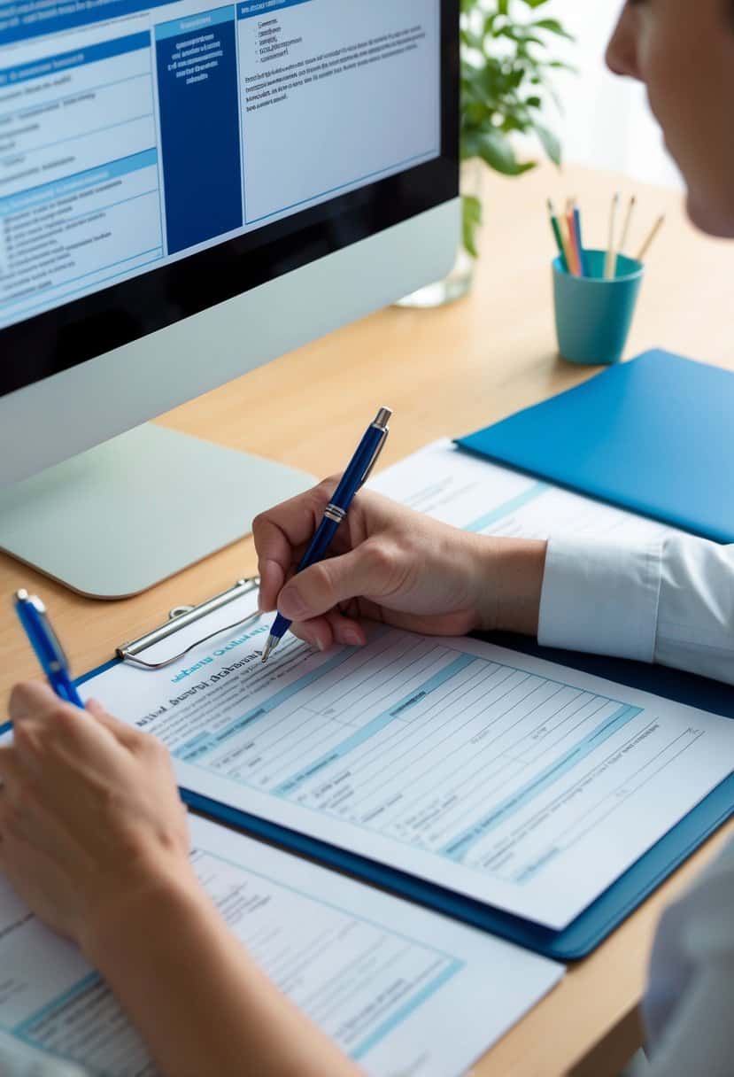 A person filling out a form with a pen, sitting at a desk with a computer and documents. The form has sections about marital status and personal information