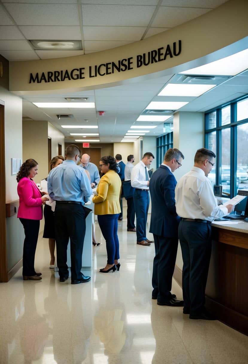 A bustling marriage license bureau in Clark County, with couples waiting in line and staff processing paperwork