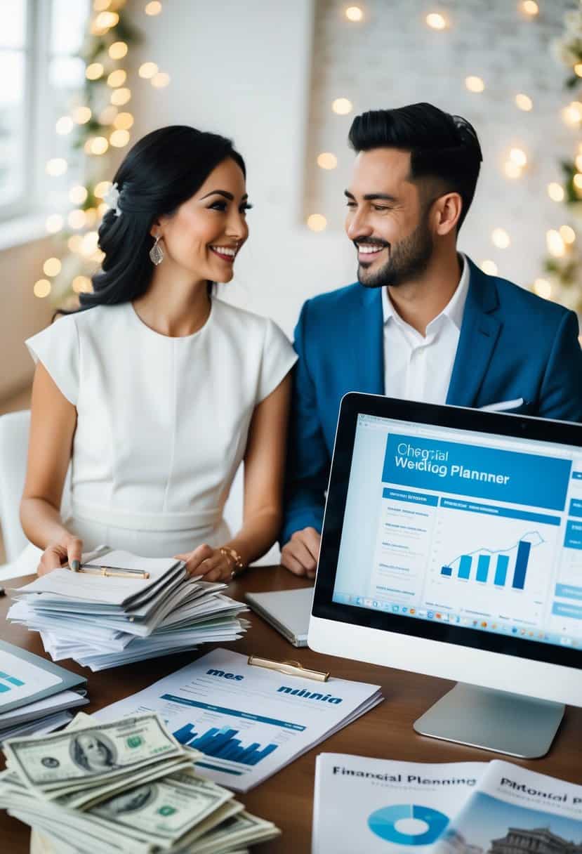 A couple sitting at a table with a pile of bills and a budget planner, surrounded by wedding magazines and a computer showing financial planning websites