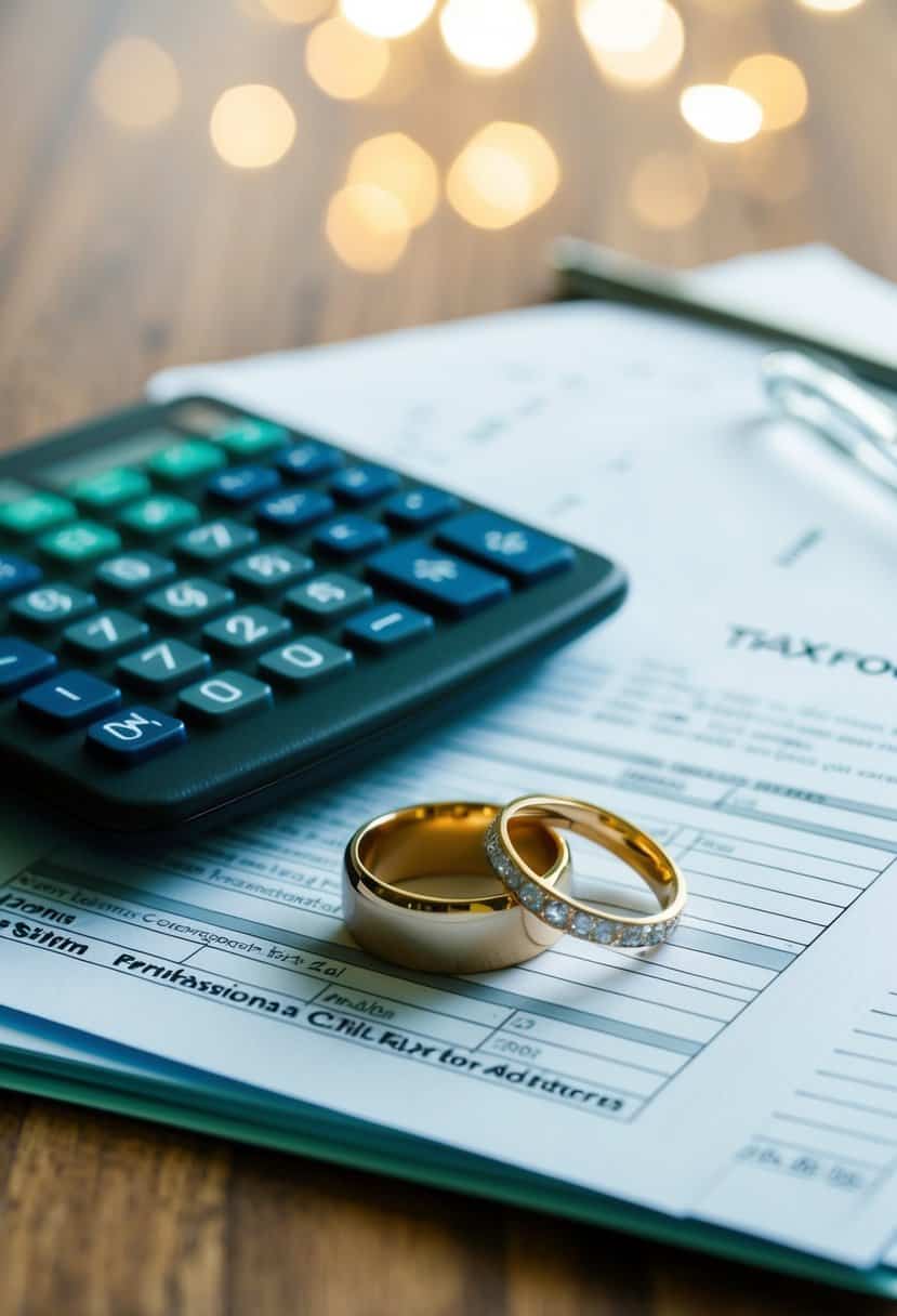 A couple's wedding rings placed next to a stack of tax forms and a calculator on a table