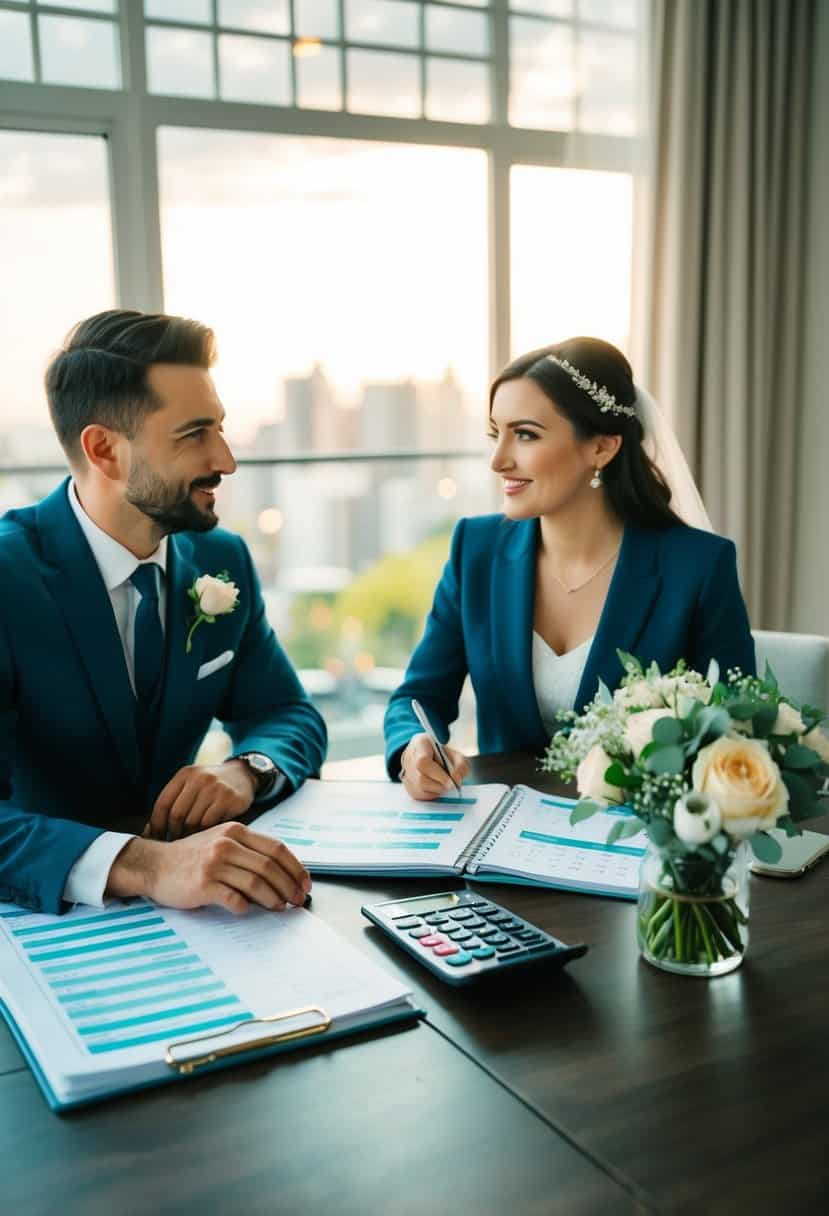 A couple sits at a table with a budget spreadsheet, calculator, and wedding planning book, discussing and planning their wedding expenses