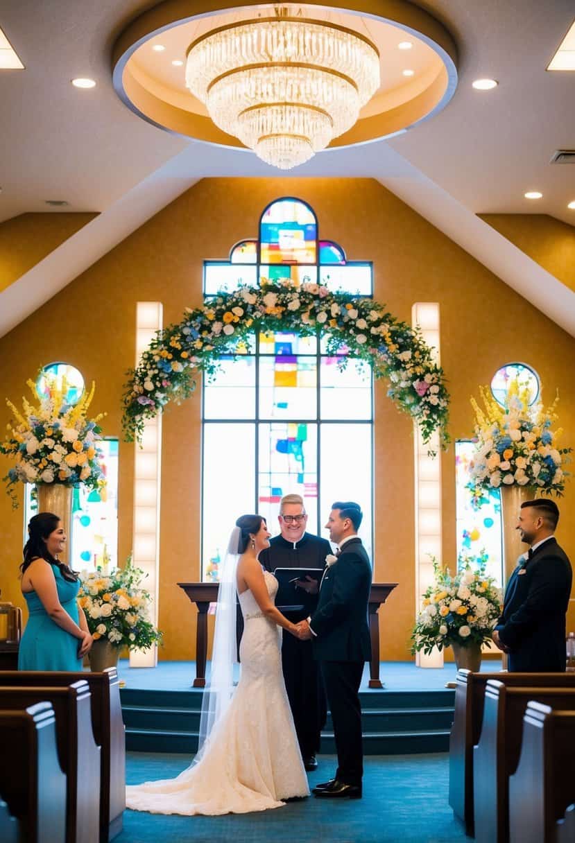 A wedding chapel in Las Vegas with a couple exchanging vows in front of an officiant, surrounded by bright lights and colorful decorations