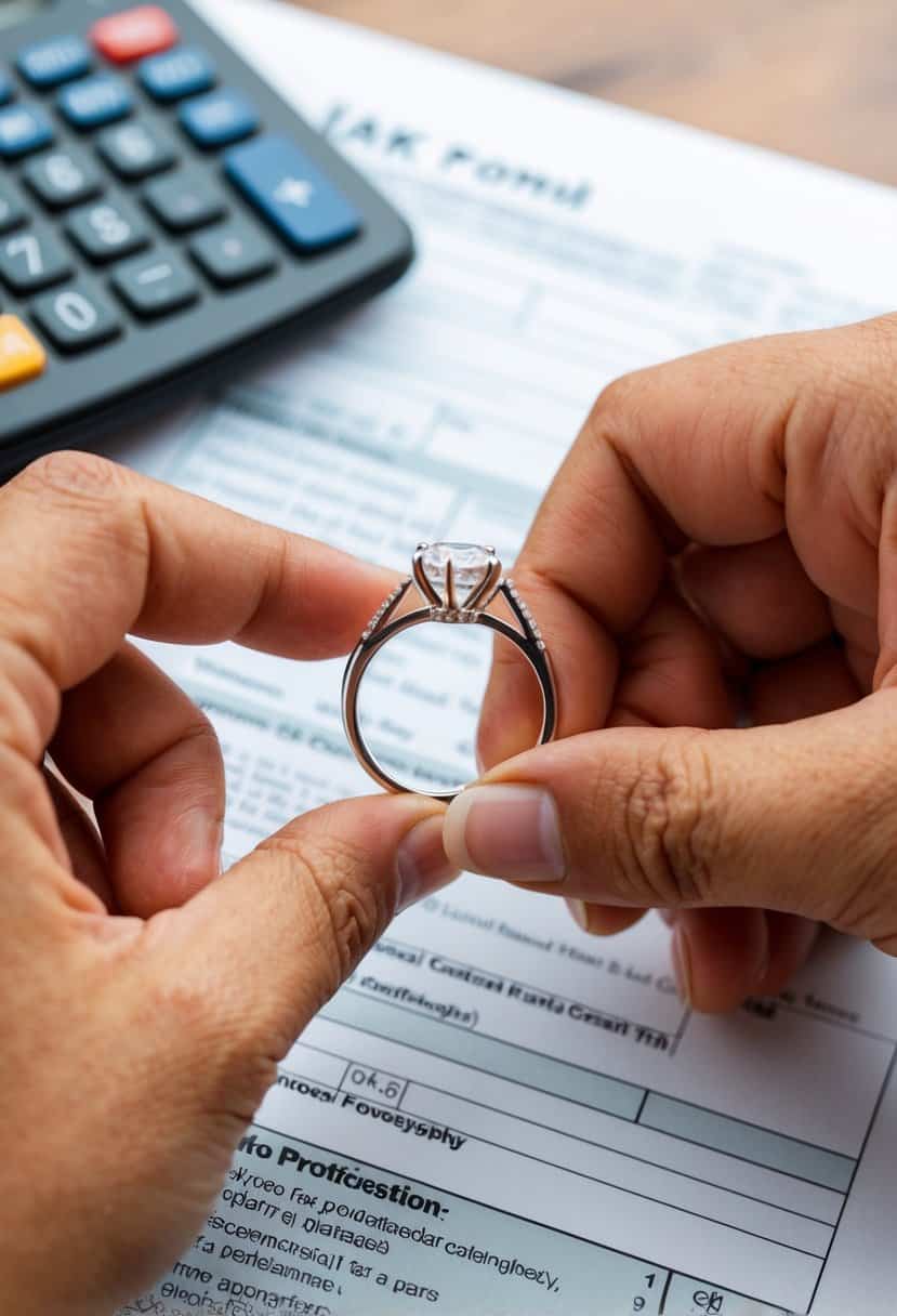 A wedding ring being placed on a finger, with a tax form and calculator in the background