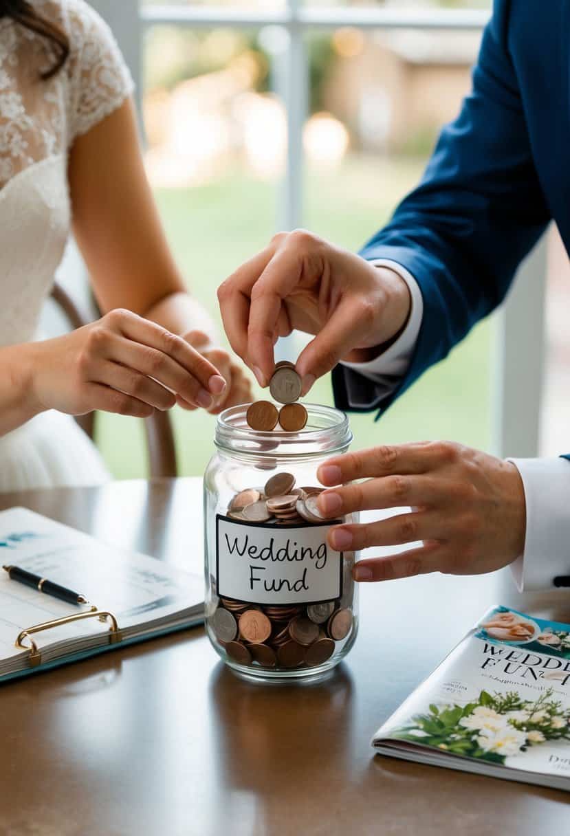 A couple's hands placing coins into a glass jar labeled "Wedding Fund" on a table with a budget planner and wedding magazines