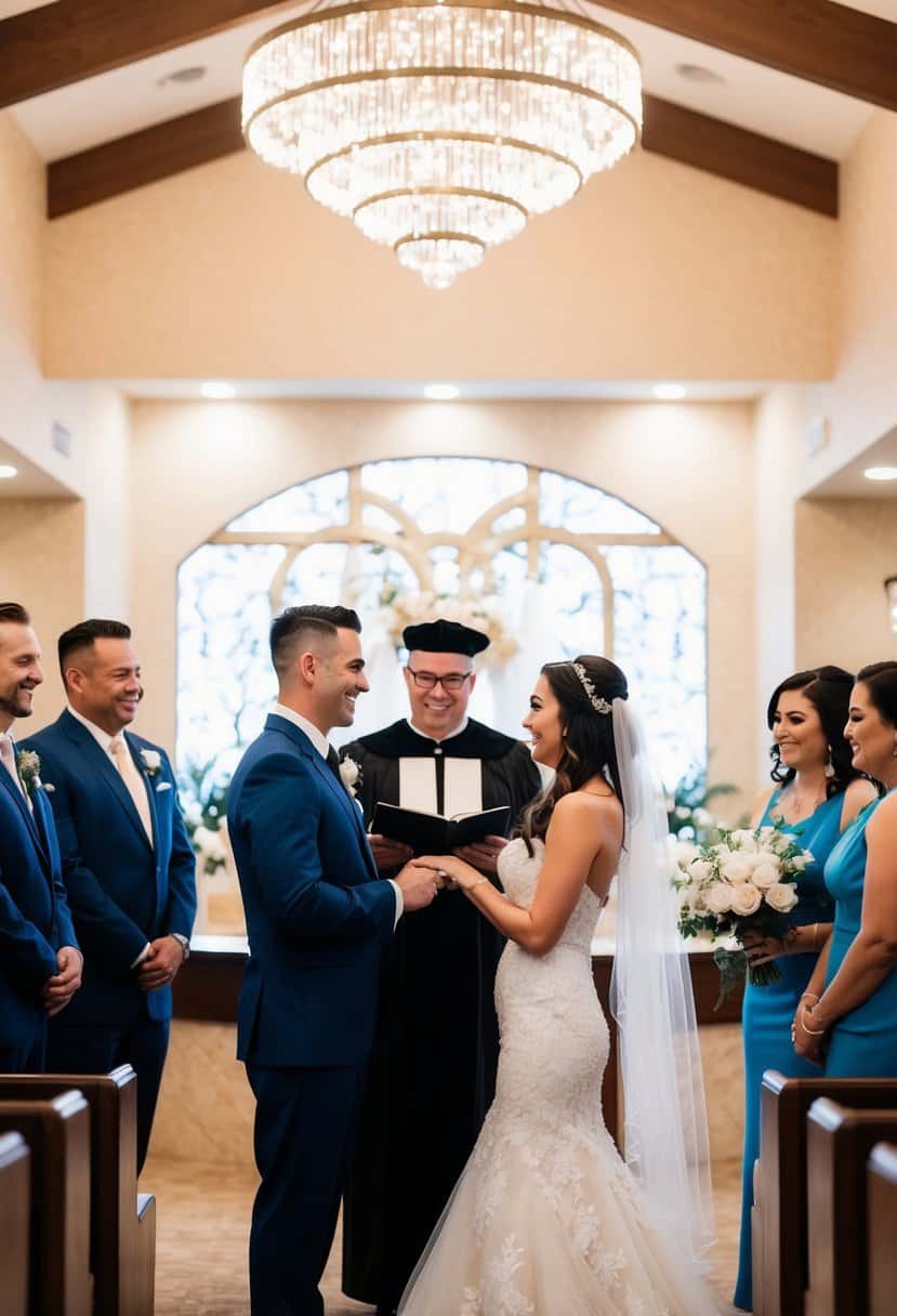 A couple exchanging vows at a Vegas wedding chapel with an officiant and witnesses present