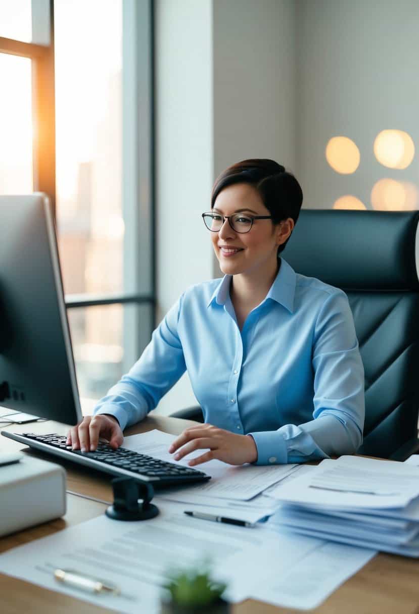 A person sitting at a desk, surrounded by paperwork and a computer, speaking with their employer or tax agent about their recent marriage